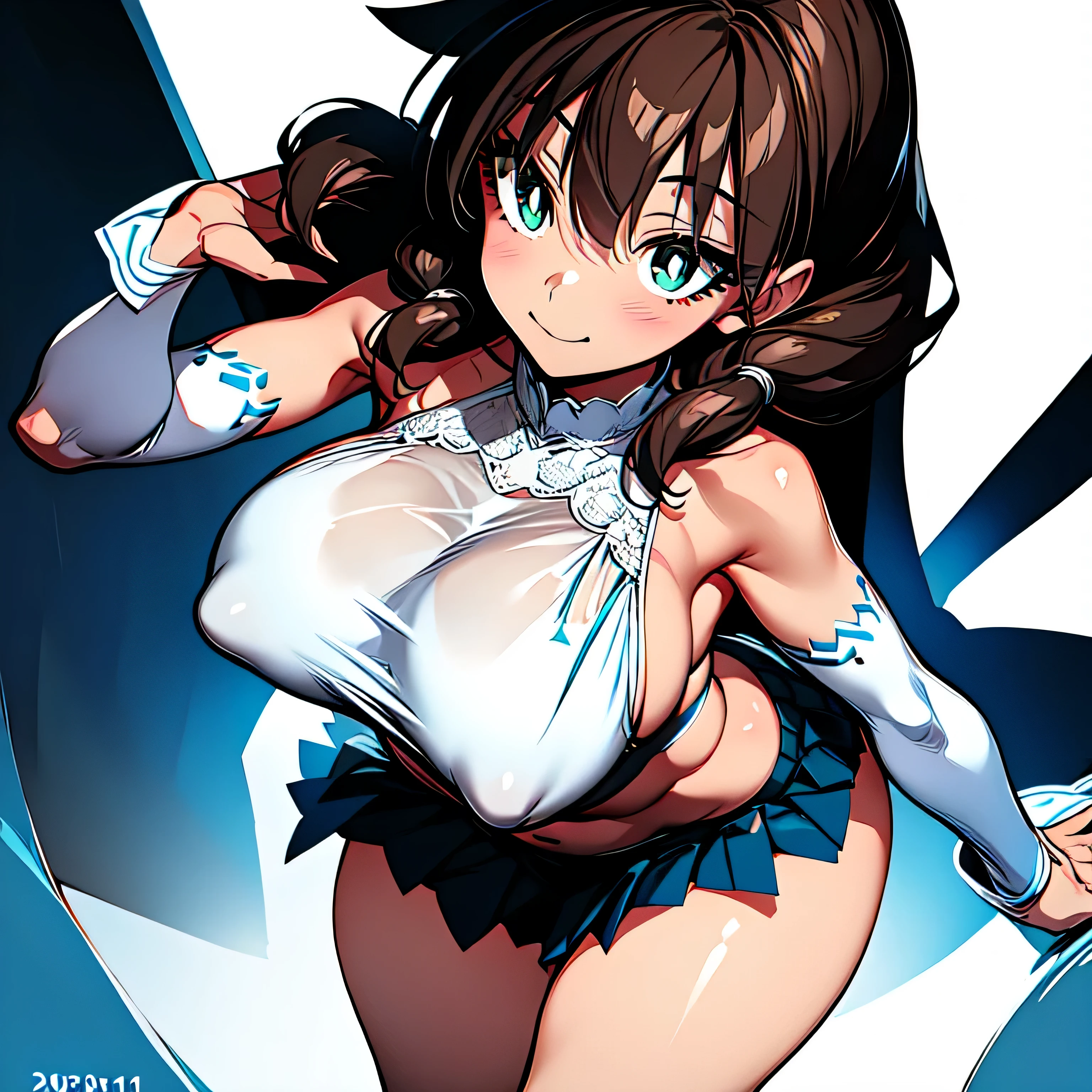 masterpiece,best quality,high resolution,nsfw,((1girs:2,solo:2)),amano_megumi,16years old,baby face,((gauntlet, elbow pad, skirt, crop top:2,big breasts:1.8,big ass:1.4,curvy))、green eyes, white pupils, bright pupils, brown hair, twintails, breasts,light smile