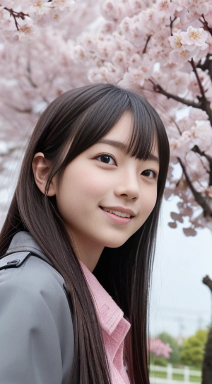 (Slim and 、have long hair with blunt bangs、Close-up of a girl in a spring coat and shirt :1.5)、(Low angle shot of one girl with a small smile、hair fluttering in the wind :1.5)、(Rows of cherry blossom trees in full bloom and cherry blossom petals dancing in the wind:1.5)、(perfect anatomy:1.3)、(no mask:1.3)、(full finger:1.3)、realistic、photo shoot、table top、highest quality、High resolution, delicate and beautiful、perfect face、detailed and beautiful eyes、Fair skin、real human skin、pores、((thin legs))、(black hair)