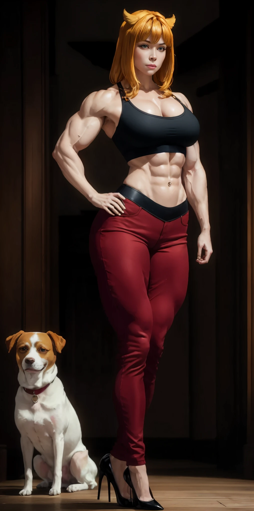 Masterpiece, burly woman, exaggerated large muscles, skinny pants, high-heels, standing on your feet, beautiful attractive face, full body like, single female, very fair skin, thin waist, very broad shoulders, strong and powerful arms, stout arms, strong and powerful leg muscles, looking to the camera, dog ears, fluffy dog ears