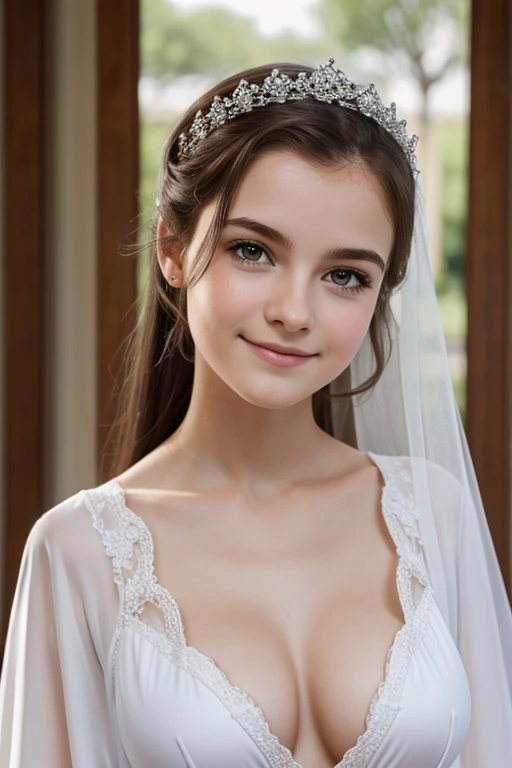 ((high resolution)), ((pale skin)), taches de rousseur, ((cheveux tres court)), ((9 ans)) fillette enfantine, ((belle adolescente)),aux yeux bleus, joues rougissantes, ((Cheveux rouge))), large sourire, ((beautiful exposed breasts)), ((robe de mariage))