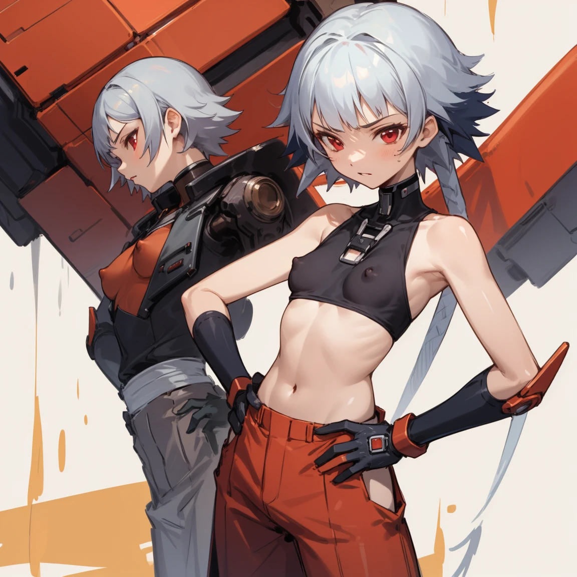 ((highest quality)), ((masterpiece)), (become familiar with),  1 girl, alone, silver hair,brown skin,red eyes,long pants,red sleeveless,Clothes with a visible back, thin,thin,short hair,small breasts, erect nipples, gloves, put your hands on your hips,cyber punk,SF