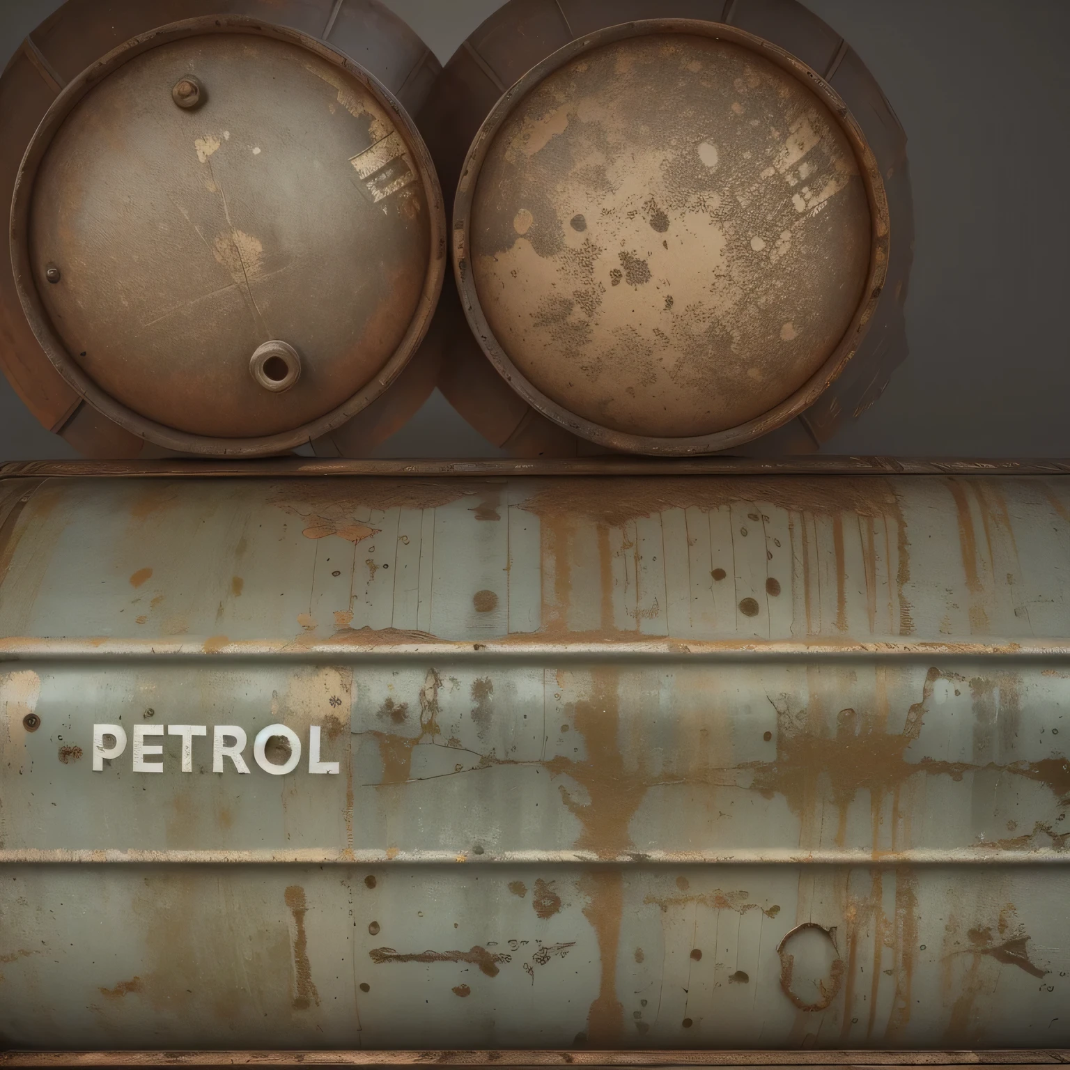 very old rusty metal barrel with leaking, texture of metal barrel 3d model, detailed, realistic, front view, top view,