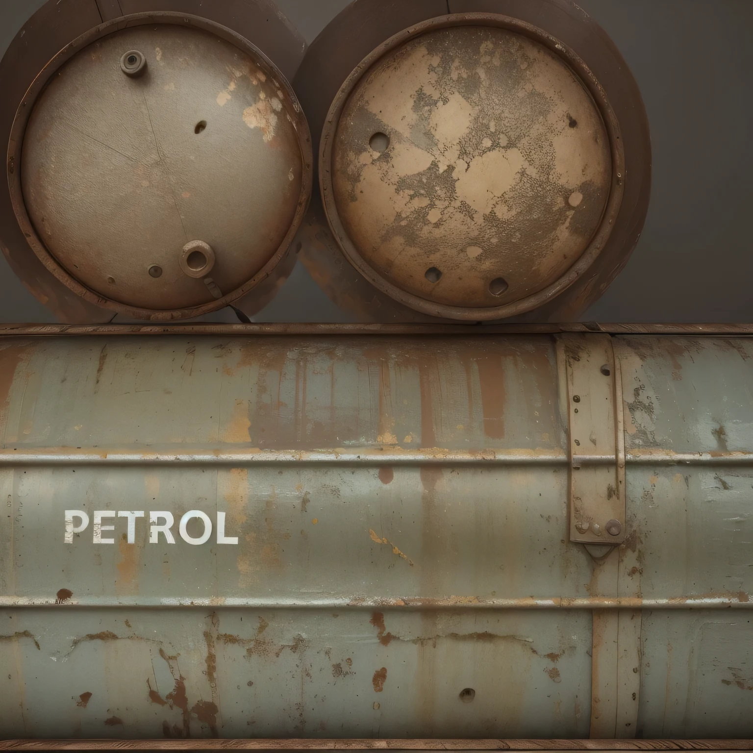 very old rusty metal barrel with leaking, texture of metal barrel 3d model, detailed, realistic, front view, top view,