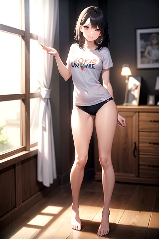 Beautiful girl,(detailed body),(perfect breasts),(perfect hed),(detailed face),(cute smile),(18 year old) in a gim,(full body view), twisting t-shirt up showing