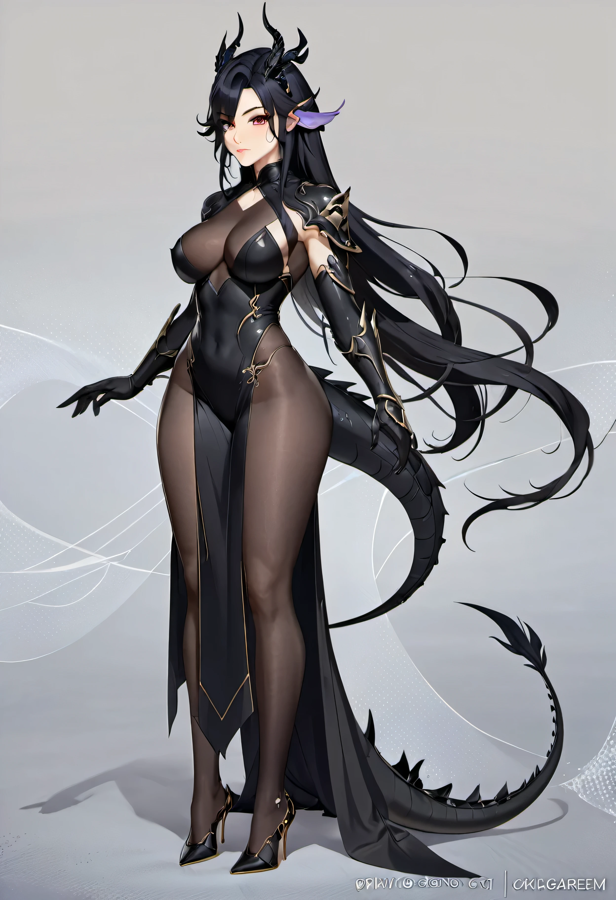 anime girl with dragon tail and black body posing for a picture, concept art by Shitao, pixiv, furry art, dragon girl, extremely detailed artgerm, full body xianxia, commission for high res, thicc, sfw version, 8k high quality detailed art, irelia, detailed digital anime art, from league of legends