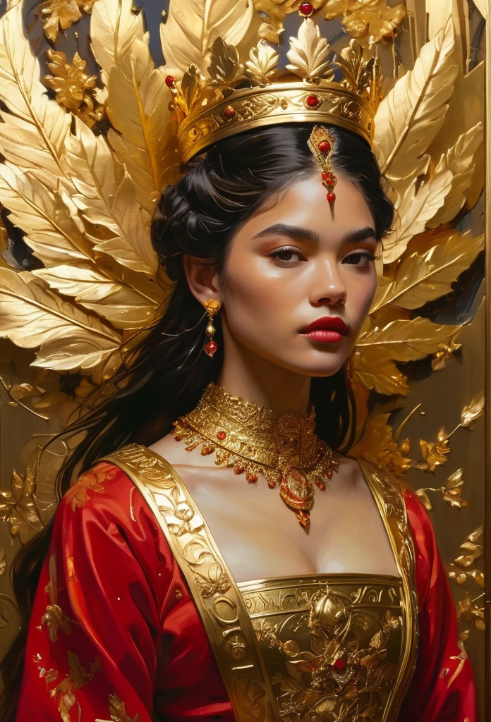 (gold leaf art:1.5), (oil paint art:1.2), (oil painting on canvas), (extremely detailed CG unity 8k wallpaper), full shot body photo of the most beautiful artwork in the world, medieval queen, red vale, zendaya face, zendaya body, golden crown, diamonds, thin pieces of gold leaf glued on places of gold decorations, medieval architecture, professional majestic oil painting by Ed Blinkey, Atey Ghailan, Studio Ghibli, by Jeremy Mann, Greg Manchess, Antonio Moro, trending on ArtStation, trending on CGSociety, Intricate, High Detail, Sharp focus, dramatic, cleavage, short skirt