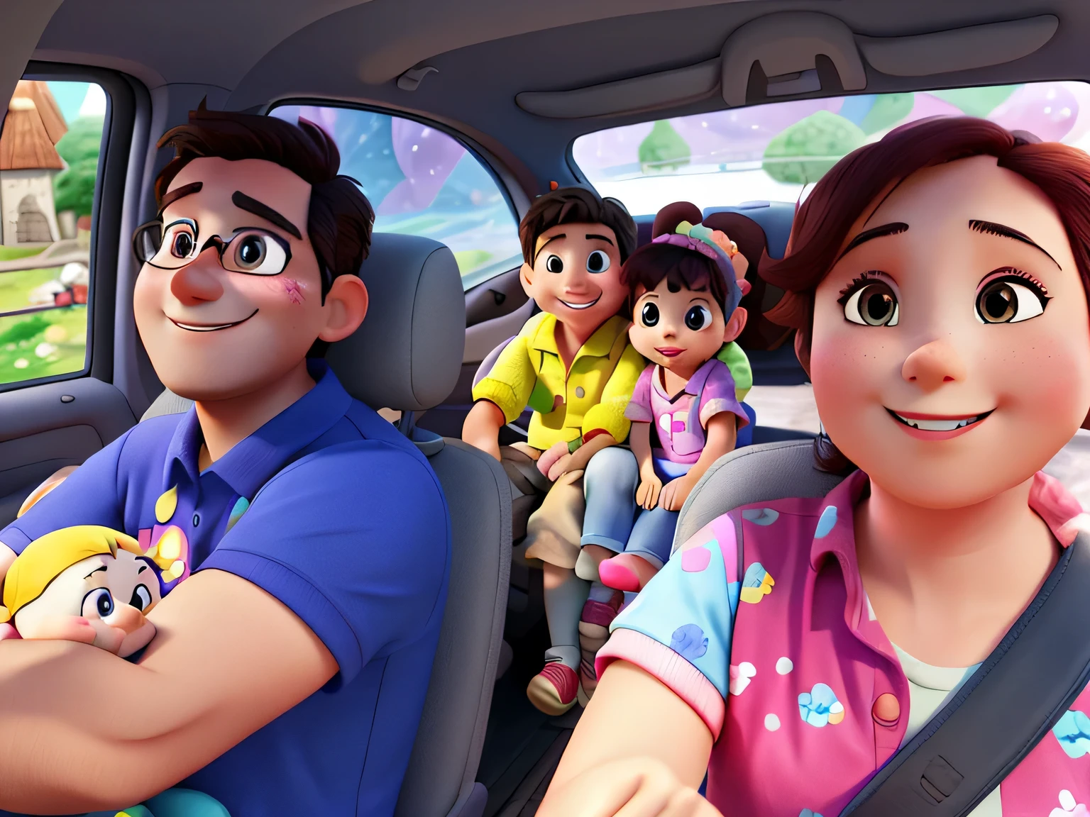 couple,children,riding in ,illustration,fun,cheerful,excellent quaa car,Disneylity,high resolution,bright colors,family,father,mother,children,happy faces,colorful clothes,real car,bright eyes,beautiful background,scenery charming ,magical atmosphere,professional art style,wonderful lighting,fairy tale,memorable moment.