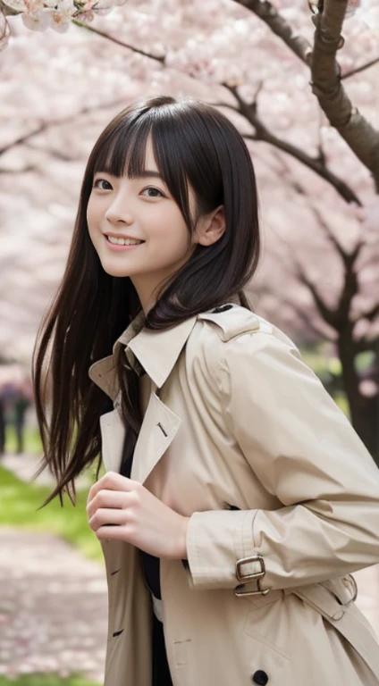 (Slim and 、have long hair with blunt bangs、Girl in trench coat and shirt :1.5)、(Low angle shot of one girl with a small smile、hair fluttering in the wind :1.5)、(Rows of cherry blossom trees in full bloom and cherry blossom petals dancing in the wind:1.5)、(perfect anatomy:1.3)、(no mask:1.3)、(full finger:1.3)、realistic、photo shoot、table top、highest quality、High resolution, delicate and beautiful、perfect face、detailed and beautiful eyes、Fair skin、real human skin、pores、((thin legs))、(black hair)