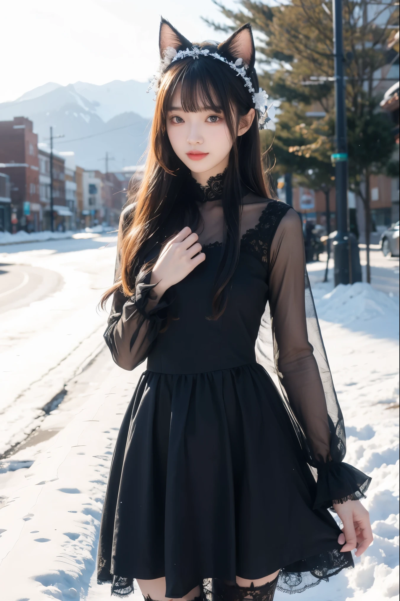 1 girl, Bangs,Black silk stockings，lace，dress，outdoor，snow mountain，snowflake，cat ear headdress