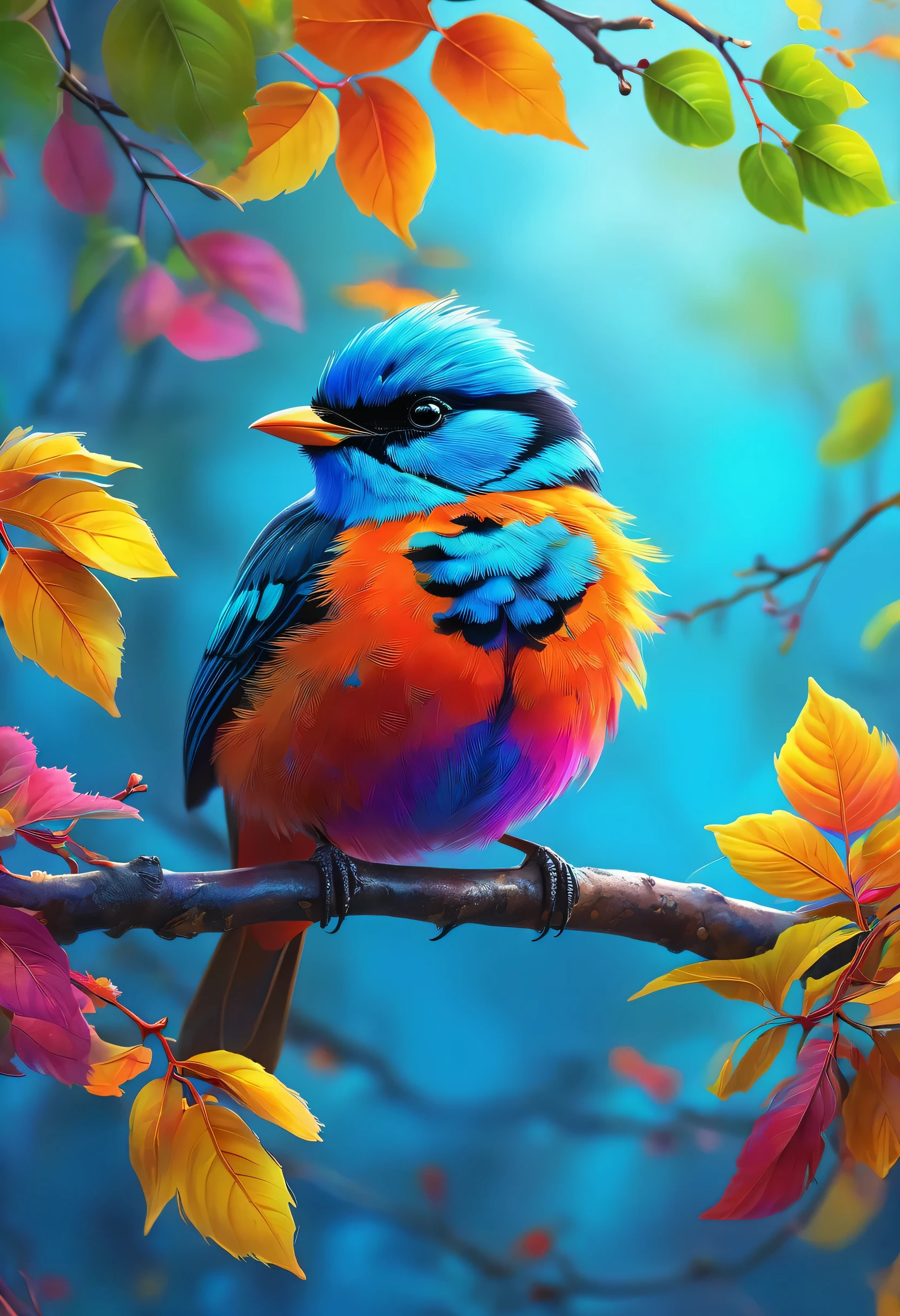 Brightly colored bird perched on a branch with leaves in the background, Digital painting inspired by Charles Bird King, shutter stock, fantasy art, colorful hd images, Colorful 8 k, beautiful and colorful, Long colorful bird, 4K High Definition Digital Art, Beautiful Art UHD 4K, Colorful 4K, beautiful colorful, painted in bright light blue