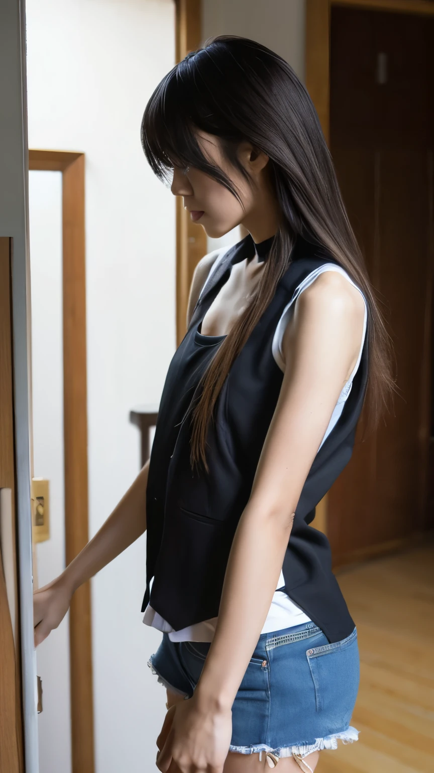 (masterpiece, Best quality:1.2), 1 girl, solo,standing_split,
Yuuki Mikan, long hair, black sleeveless short vest, nude, black