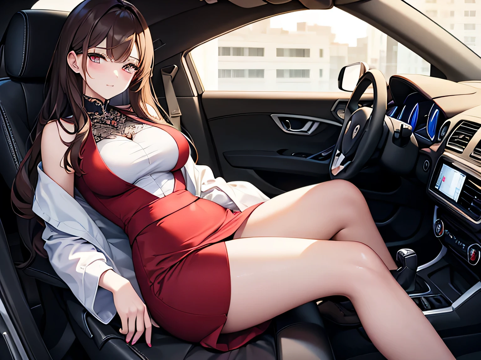 (Masterpiece, top quality, high resolution, realistic photo, realistic looking skin:1.1),
(The woman is the president of the company: 1.5),
(She stops a red luxury sports car, opens the door, and is about to get out of the driver's seat where she is sitting with her feet out:1.8),
(She has a composed look on her face:1.5),
(She is wearing a luxurious, glamorous and sexy skirt suit: 1.8),
(She is wearing pumps: 1.5),
(She is wearing red lace panties: 1.5),
(She has long brown hair: 1.5),
(Located in the indoor parking lot of the hotel:1.5),
1 Japanese girl, solo, full bodied esbian, beautiful eyes, glowing eyes, glowing thighs, NSFW