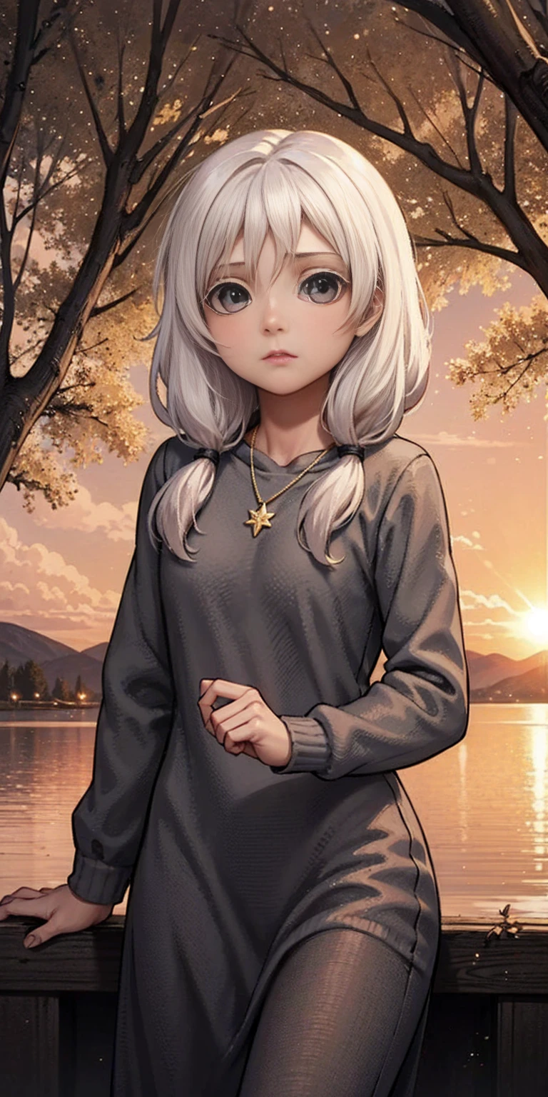 olya, 1girl, solo, long hair, looking at viewer, twintails, monochrome, upper body, greyscale, low twintails, 1 girl, serene expression, mesmerizing eyes, straight long hair, flowing dress, poised posture, porcelain skin, subtle blush, crystal pendant BREAK golden hour, (rim lighting):1.2, warm tones, sun flare, soft shadows, vibrant colors, painterly effect, dreamy atmosphere BREAK scenic lake, distant mountains, willow tree, calm water, reflection, sunlit clouds, peaceful ambiance, idyllic sunset, ultra detailed, official art, unity 8k wallpaper, zentangle, mandala