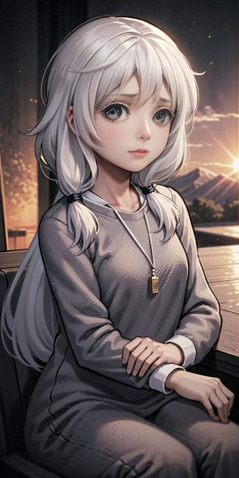 olya, 1girl, solo, long hair, looking at viewer, twintails, monochrome, upper body, greyscale, low twintails, 1 girl, serene expression, mesmerizing eyes, straight long hair, flowing dress, poised posture, porcelain skin, subtle blush, crystal pendant BREAK golden hour, (rim lighting):1.2, warm tones, sun flare, soft shadows, vibrant colors, painterly effect, dreamy atmosphere BREAK scenic lake, distant mountains, willow tree, calm water, reflection, sunlit clouds, peaceful ambiance, idyllic sunset, ultra detailed, official art, unity 8k wallpaper, zentangle, mandala