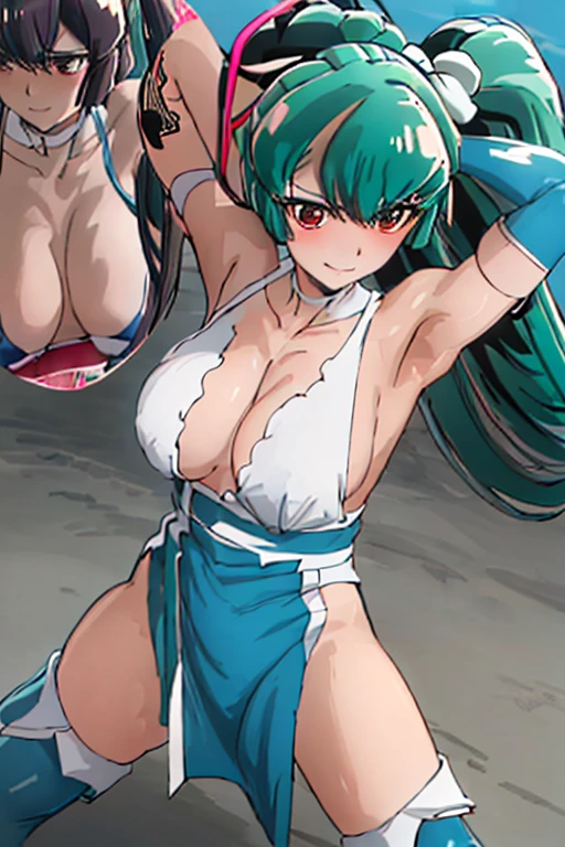 masterpiece, best quality, beautiful art, high resolution, well formed hands, body and fingers, 1 woman, solo, Sayo Minakami, adult, big breasted, cleavage, full body, long hair, hair ornament, gorgeous legs and thighs, blue_kunoichi_dress, white stockings, sleeveless, she is fighting in a combat match at a martial arts tournament, she is getting ready to fight, making her guard pose, action and fighting scene, about to hit the viewer, looking at the viewer, sweating , feeling confident and proud, smiling joyfully and happily,  charming her opponent with her beauty, fighting scene, martial arts tournament on the beach 