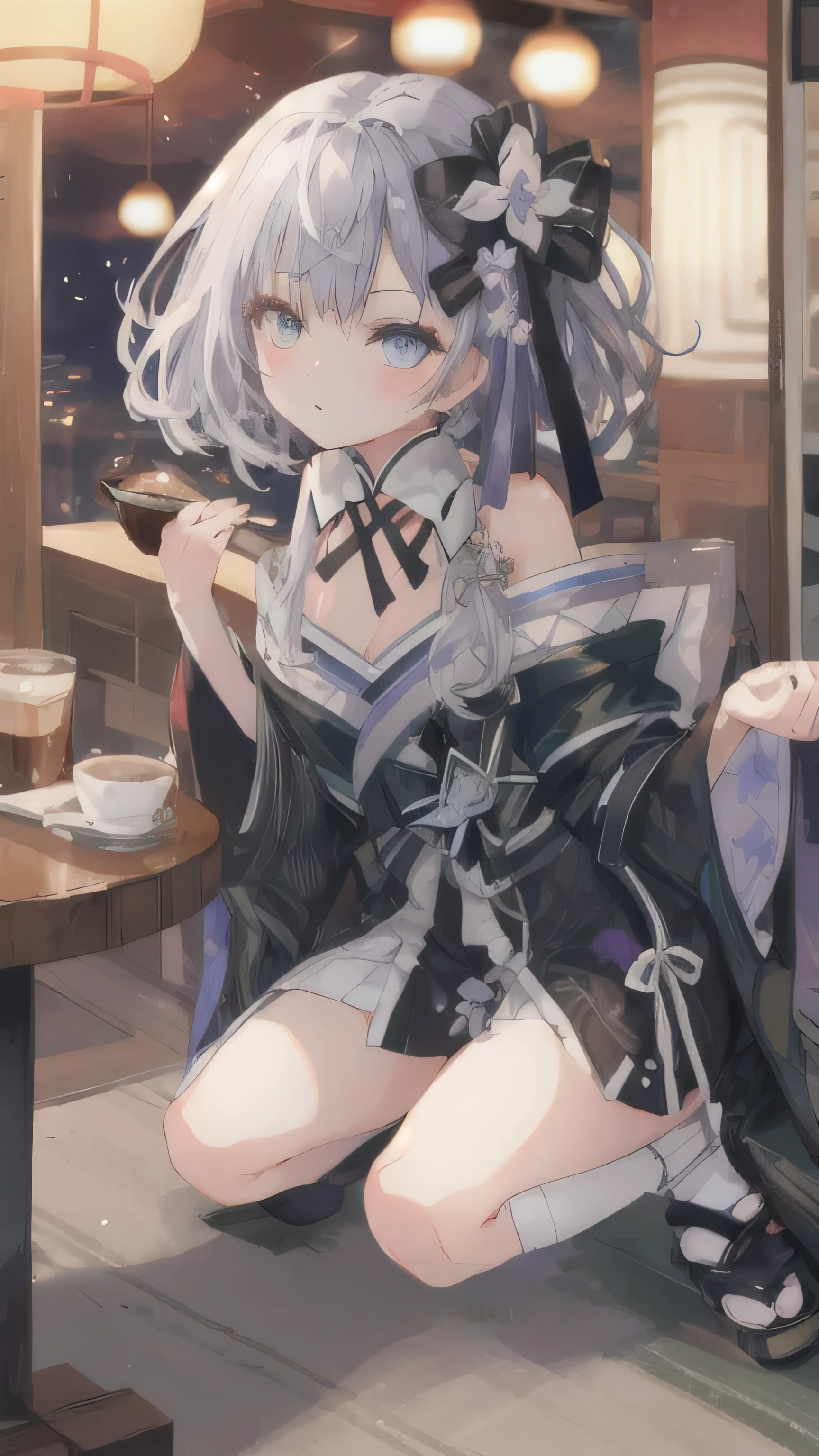 vestianewyr, hair bow, hair flower, japanese clothes, black kimono, off shoulder, (masterpiece), looking at viewer, coffee on table, at cafe
