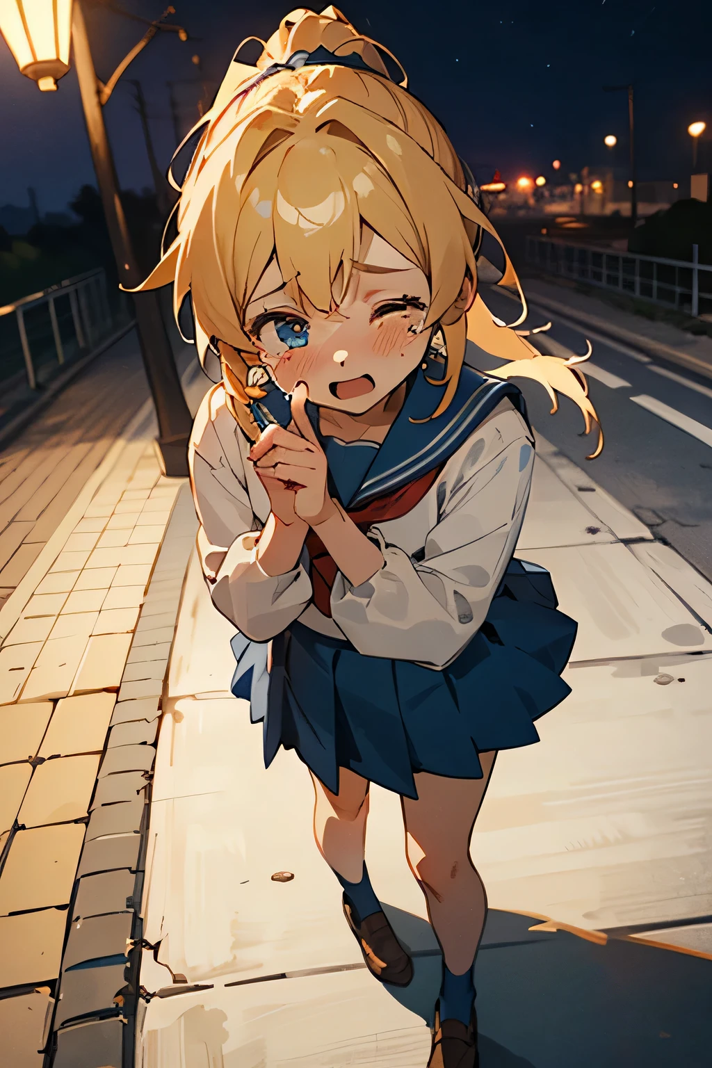 ((highest quality)), ((masterpiece)), (be familiar with),(precise fingers) 1 girl,looking down from above,perfect face,blonde hair,ponytail,(My eyes are closed), young face,Are crying,Moe,anime,night,Under the streetlight,sailor suit,blue skirt