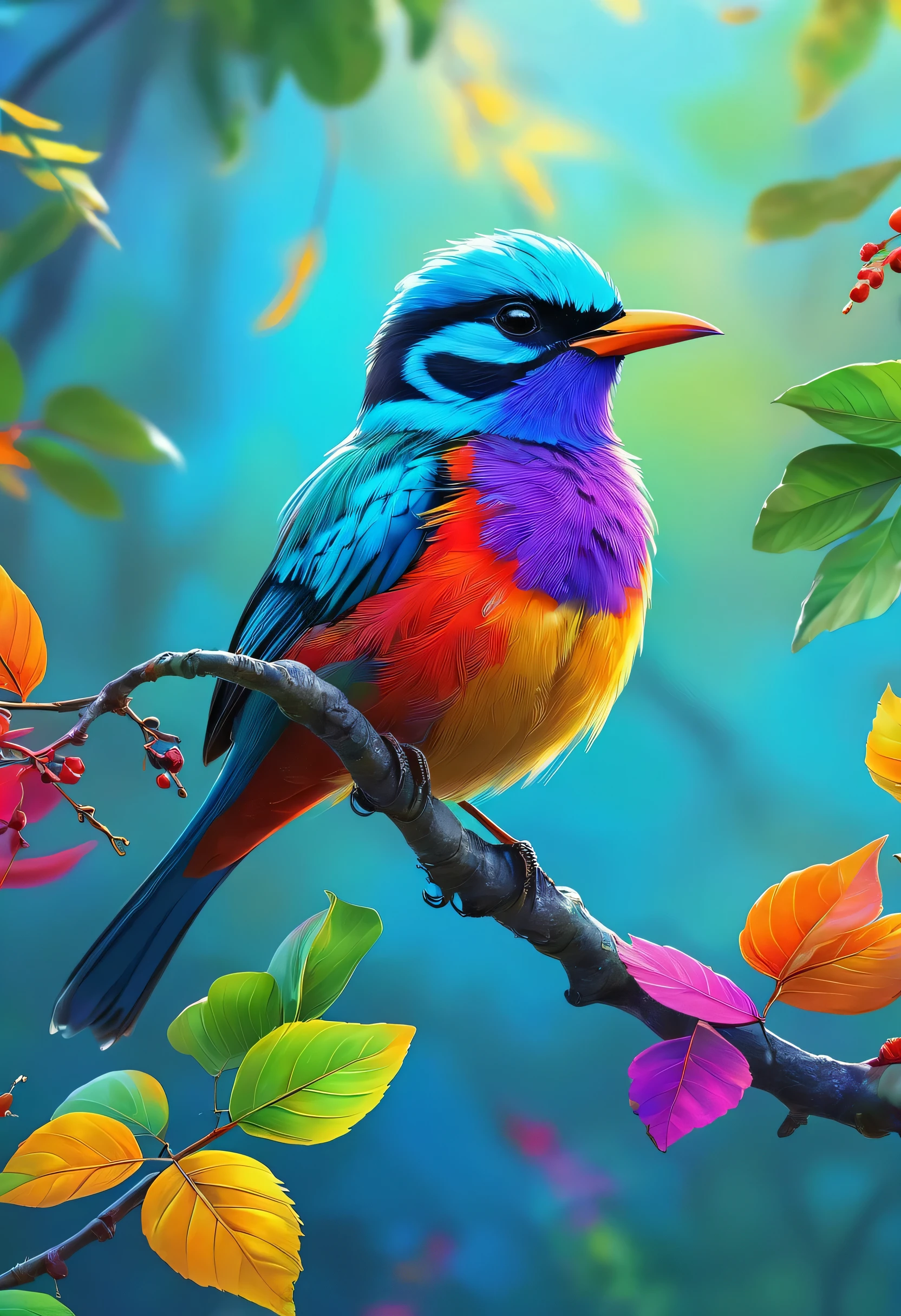 Brightly colored bird perched on a branch with leaves in the background, Digital painting inspired by Charles Bird King, shutter stock, fantasy art, colorful hd images, Colorful 8 k, beautiful and colorful, Long colorful bird, 4K High Definition Digital Art, Beautiful Art UHD 4K, Colorful 4K, beautiful colorful, painted in bright light blue