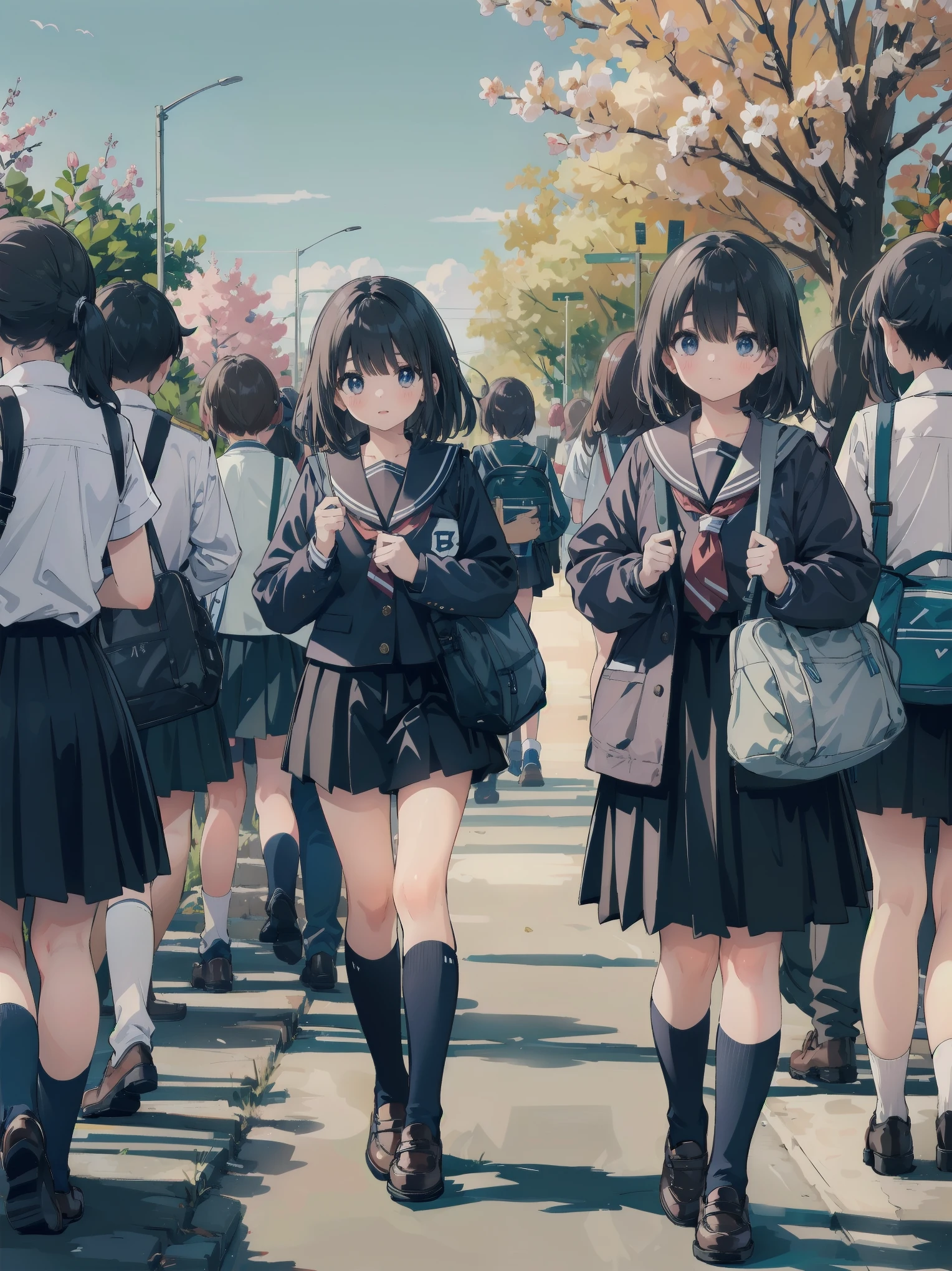 masterpiece, best quality, ultra-detailed,(),sel anime, ,anime moe art style,animated style illustration, (beautiful eyes), ((cute)), cute, (lovely),, , shiny skin, ,ultra high res,
(((3 girls))),full body,,smile,open mouth,school girls,back view,town,outdoor,backpack,profile