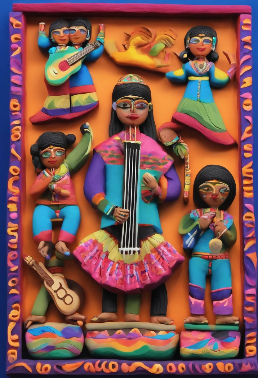 ((Retablo peruano)), ((orquesta)), ((instrumentos charangos, arpa, guitarras)), (cholos), (andean design skirts), (music)