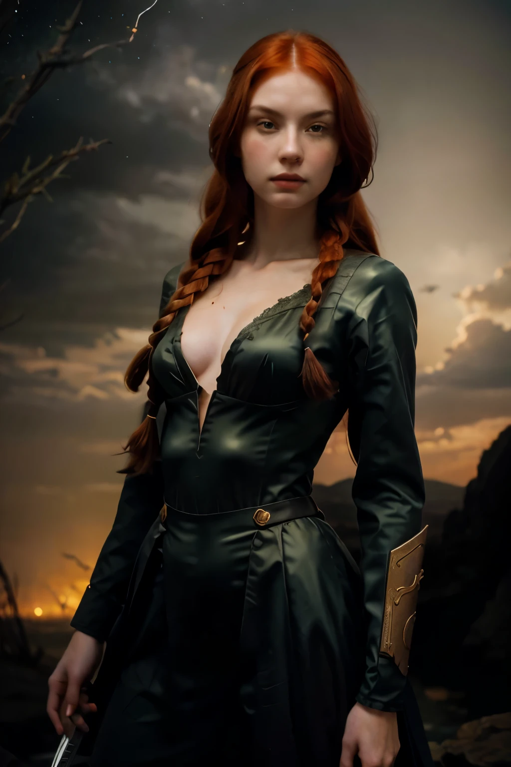 European girl with red hair, green eyes, long hair, beautiful face, pale face, beautifully styled hair, dybamic braids, thin lips, rosy cheeks, realistic, deep neckline, a woman holding a sword, in the style of realistic chiaroscuro, dark amber and white, 3840x2160, firecore, anton semenov, david finch, dark gray —ar 9:13 —s 750

a person holding a sword in the dark sky, in the style of dark amber and gold, 32k uhd, lee bogle, dark gray, ghostcore, Mort Artist, slender