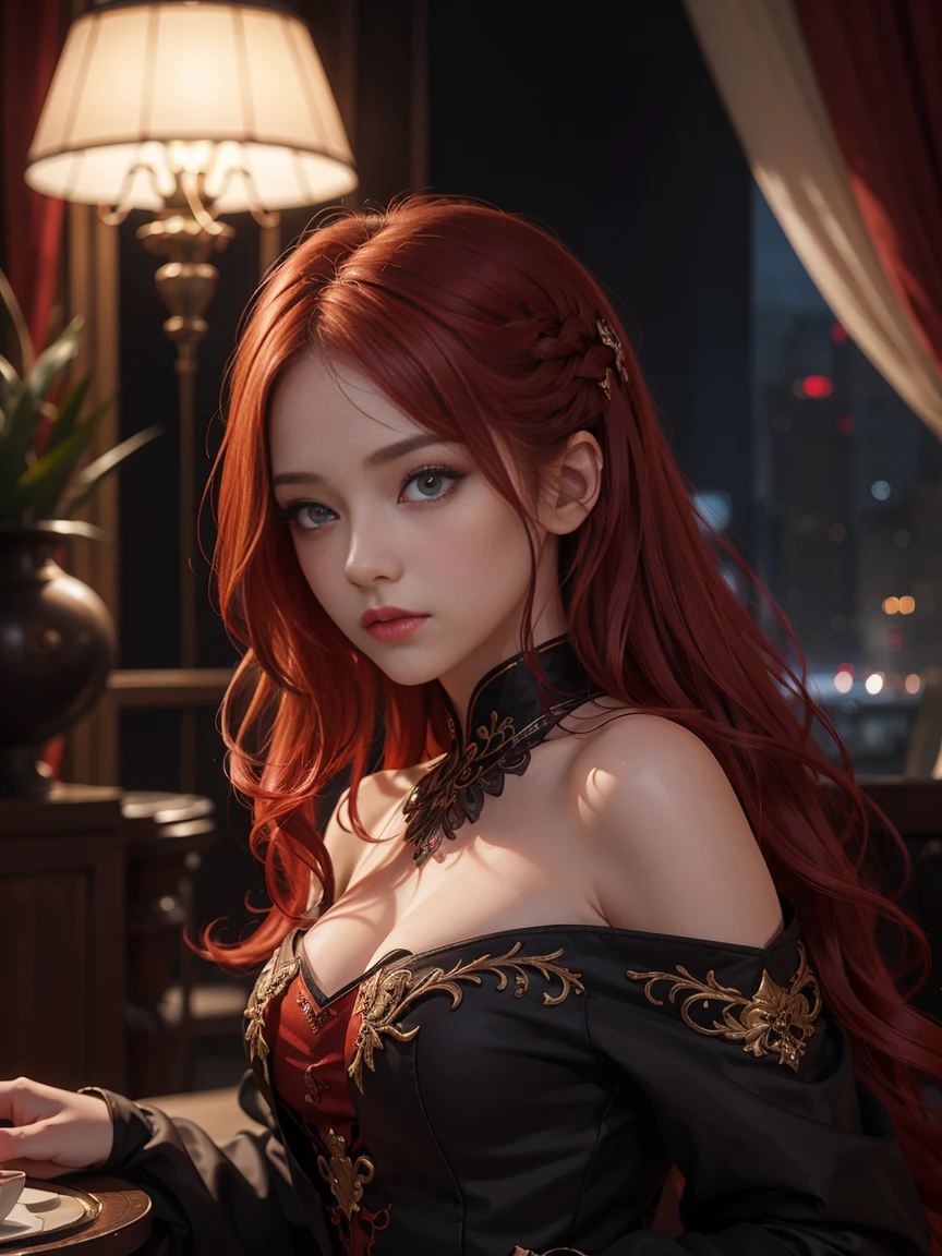 Dragon Woman, asa de morcego, olhos alaranjados, red hair, chifres pretos, fundo medieval, magia ao redor