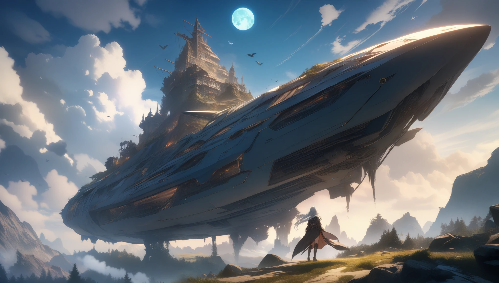 32k, best quality, ultra high res, HDR, UHD, extremely detailed CG, unity 32k wallpaper, highest quality, very detailed, masterpiece, Super detailed, cloud, witch_have, have, 1 girl, null, green_null,Day, length_hair, cloudy_null, moon,bird, alone, Silver_hair, witch, outdoor,