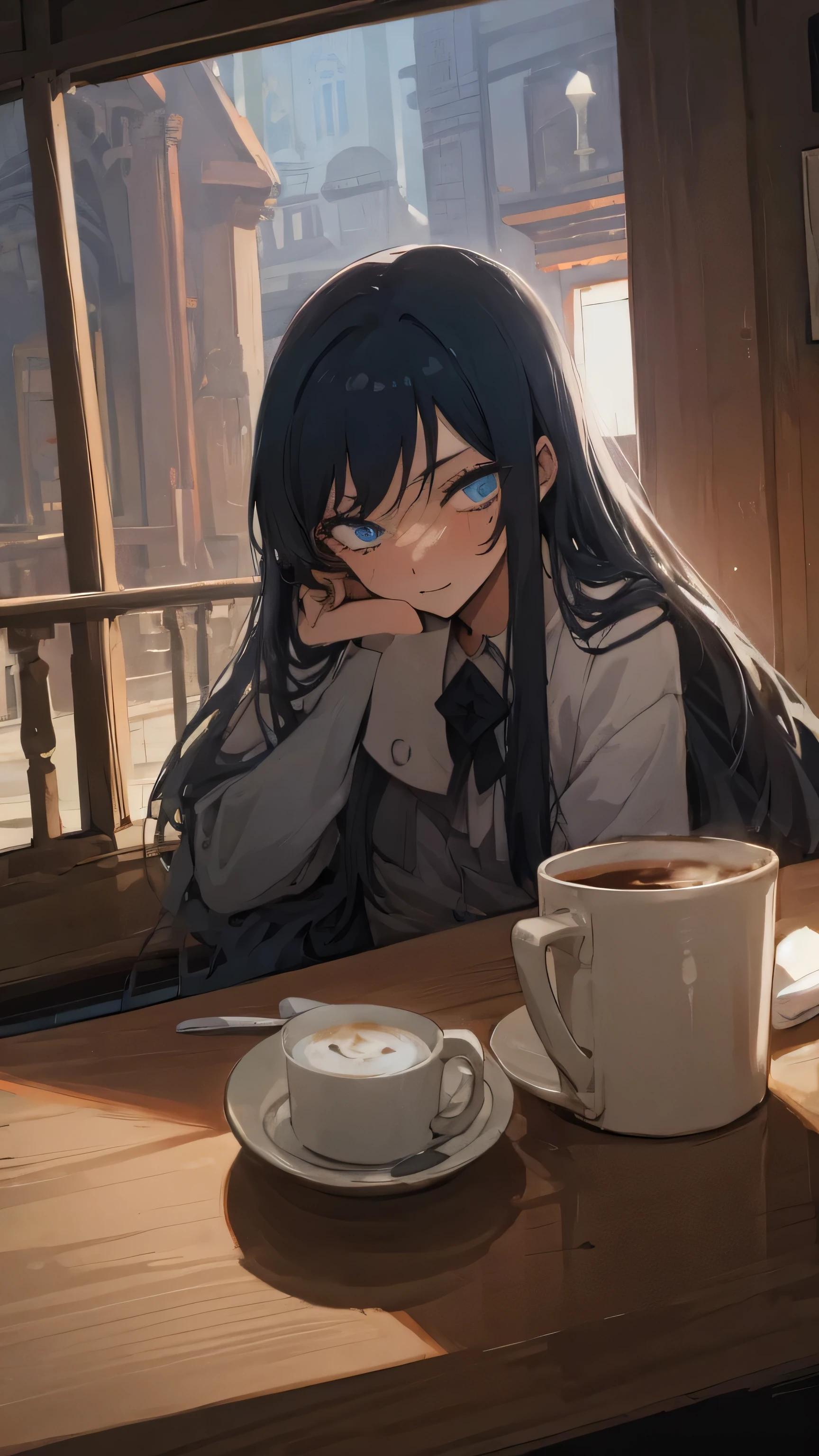1girl, blue eyes, long hair, Drink Coffee, Inside Cafe.