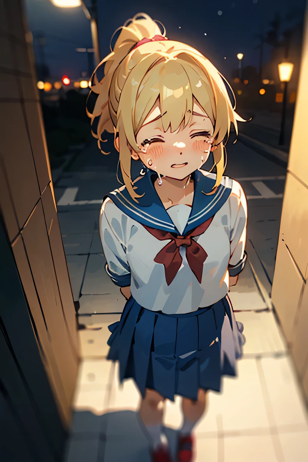 ((highest quality)), ((masterpiece)), (be familiar with),1 girl,looking down from above,perfect face,blonde hair,ponytail,(close your eyes),leaning from your back against the wall, put your hands behind your back,young face,Are crying,blush,Moe,anime,night,Under the streetlight,sailor suit,blue skirt,Boston bag