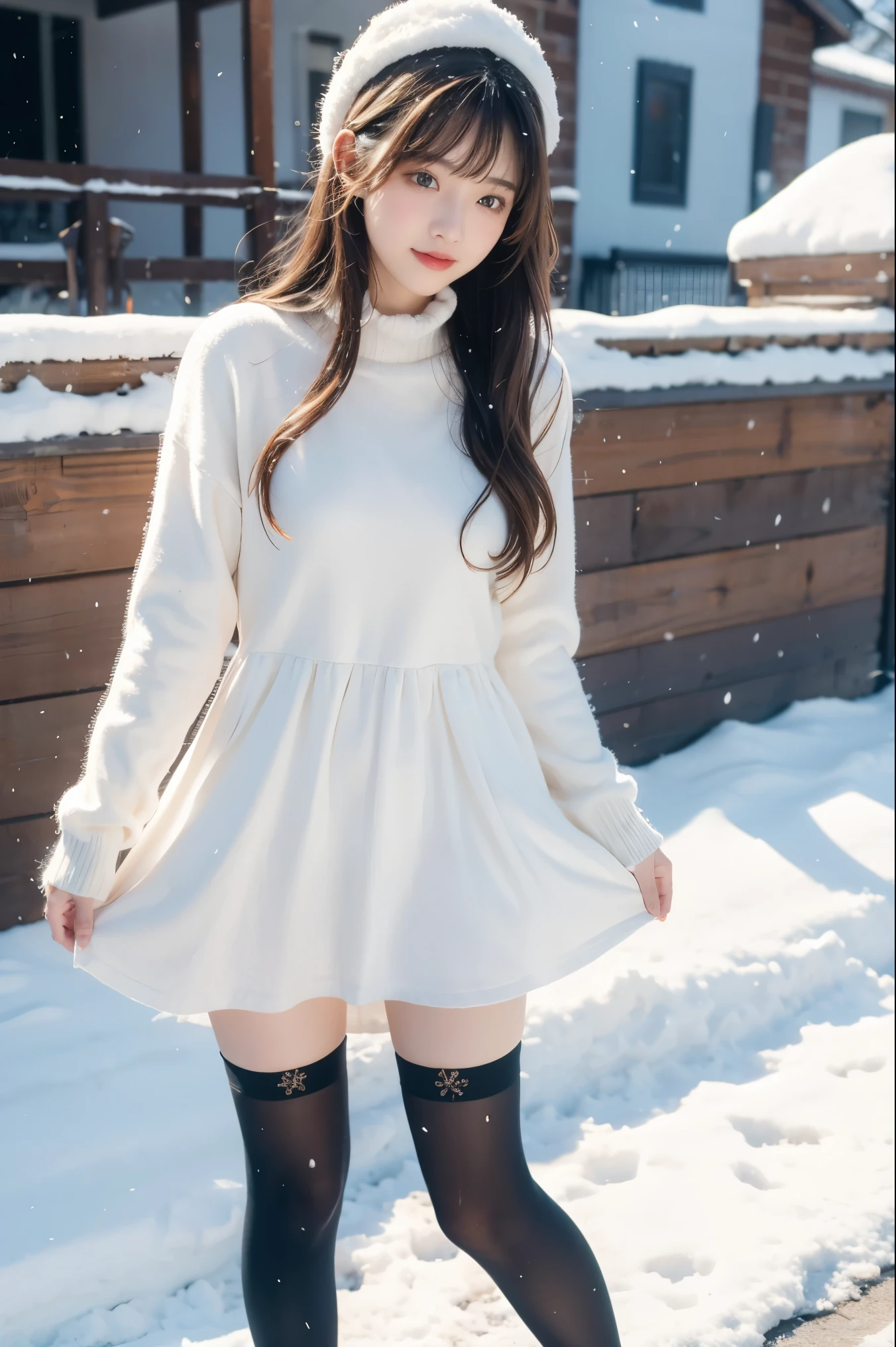 1 girl, Bangs,stockings，lace，dress，outdoor，snow，snow花