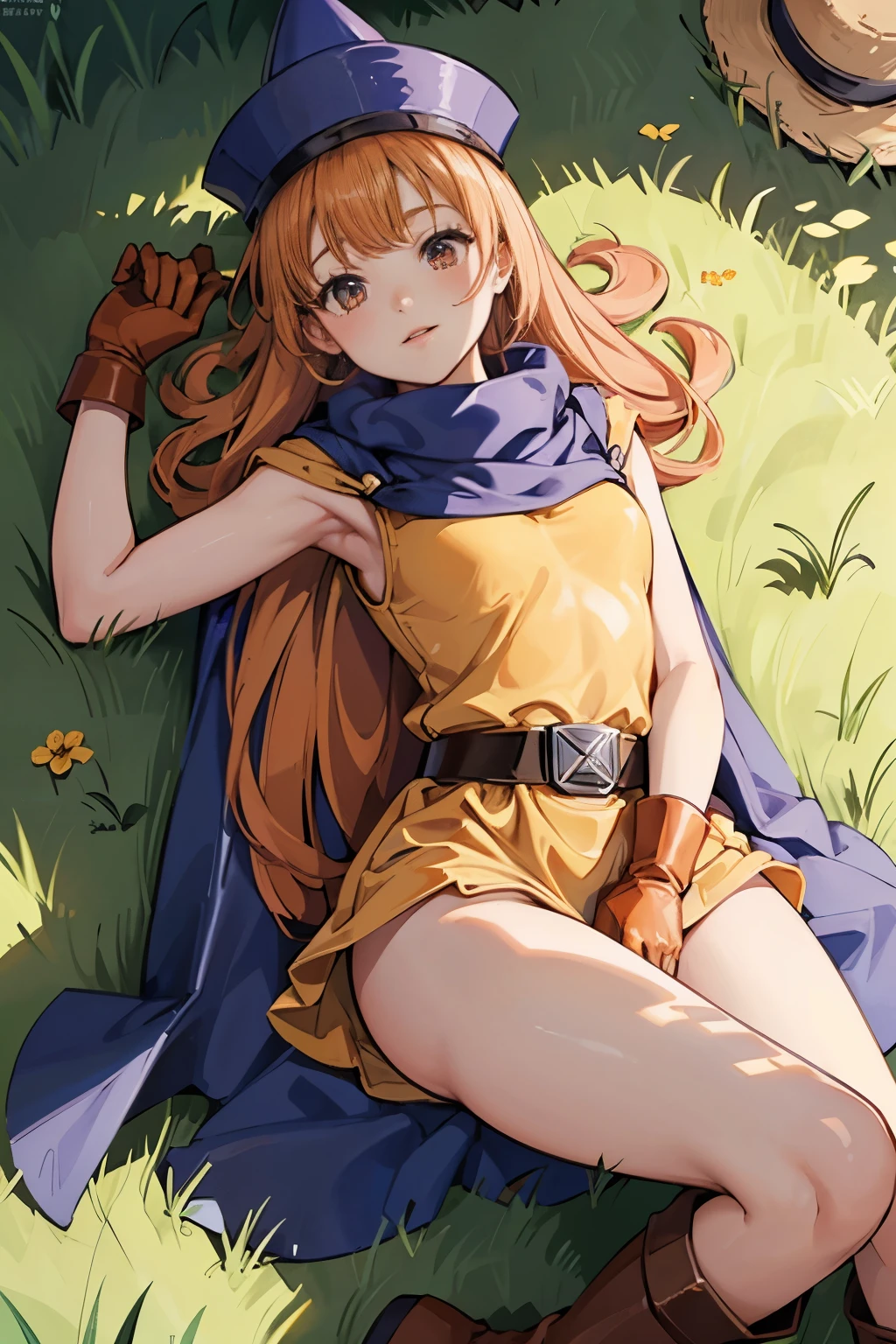 1 girl、High resolution、masterpiece、(alena-dq4、DQ4-ALENA、Orange straight hair)、blush、shy、happy smile、short height、thin thighs、thin legs、small shoulder width、slender、muscular、(outdoor、Sunny day on the grass)、(((hat、dress、cape、belt、glove、No panties、leather boots、sparse pubic hair、natural pubic hair、unshaven pubic hair)))、(((Lower body naked)))、(((Lying in the steppe、lie on your back、Zoom in on the crotch、focus on crotch、Lying with legs spread apart)))