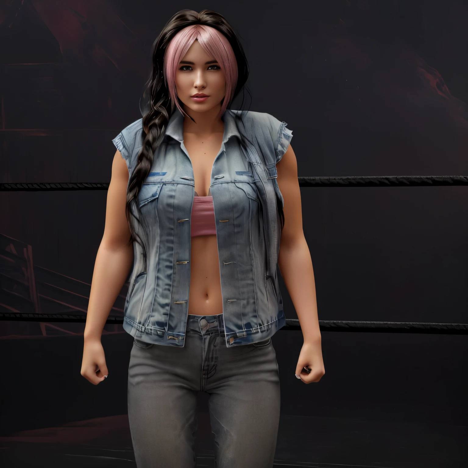 ultra realistic ,long pink and black hair highly detailed ,woman wrestler with black hair and pink bangs pink top wearing a grey jean vest and grey jean pants, beautiful attractive face, attractive features, beautiful female face and flawless skin, best quality, ultra high res, (photorealistic:1.4), 8k resolution, 1girl, (random hair:1.3), (realistic hair:1.2), (American girl:1.2), (European girl:1.2), (realistic eyes:1.2), (beauty face:1.3)