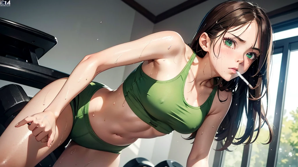 ultra high definition, best quality, masterpiece, highres, artstation, concept art, smooth, sharp focus, illustration, a  girl, brown hair, green eyes, wide eyes, (small breast), (small hips), (small ass), (small girl),ing, ((she's working out)), (sweating), she's wet, she's smoking cigarette