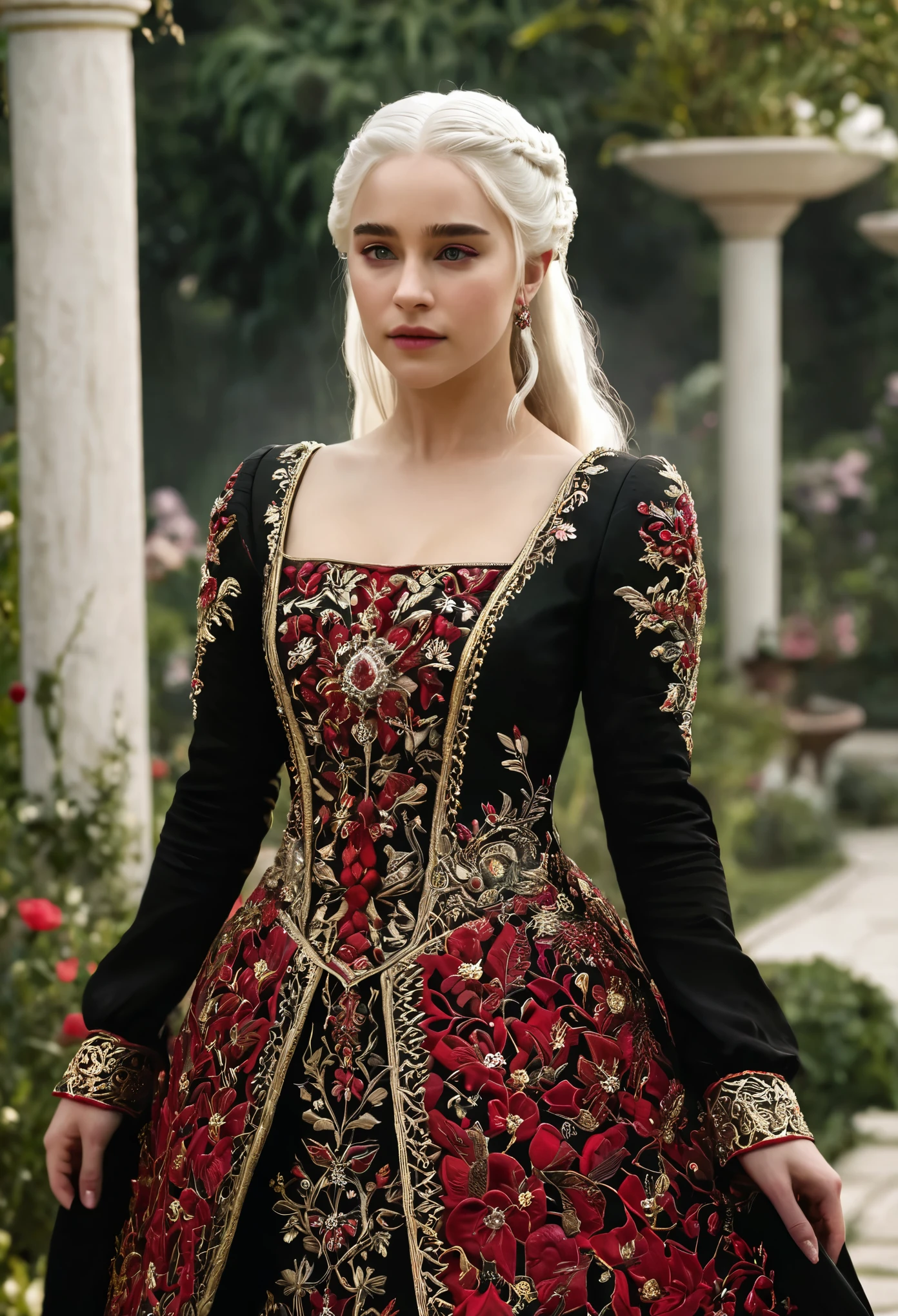 fantasy, princess Targaryen, full-length, garden, girl, with white hair, in a red and black dress embroidered with gold threads of rubies and diamonds with her eyes open, hd