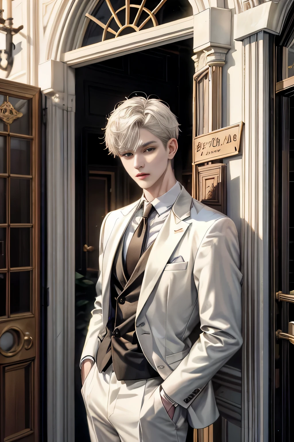 masutepiece, Best Quality, High quality, 1 man aged 21, Solo, Male Focus, Looking at Viewer, Upper body, white fluffy short hair,At the entrance of the building, wear a suit