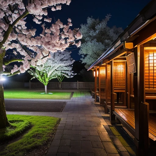 ((Safe at Work)), cherry blossoms, night sky, moon, starry sky, Shrine precincts, perfect dynamic composition, professional photos, (Nikon, ISO:50, focal distance:35mm, Aperture:5.6, shutter speed:1/125, Multi-metering pattern), ((realistic raw photo:1.6)), Ultra high definition, High resolution, 8k,
