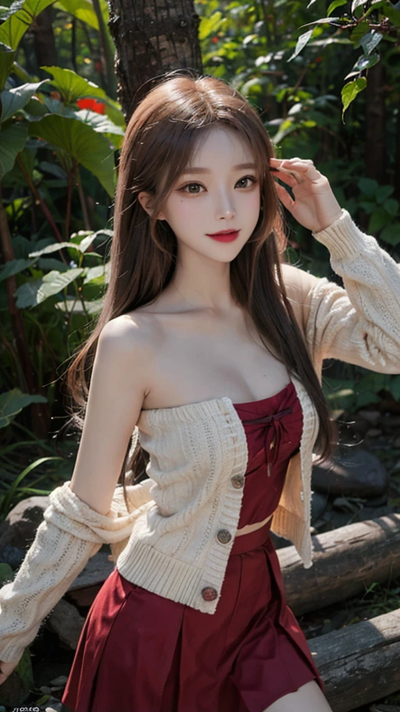 masterpiece,real photos,looking into camera,night time,HDR backlight,Contour light,Shallow depth of field,reddish brown long straight hair,Elegant Chinese beauty,Smile,dancing in the forest, Wearing a strapless cardigan dress,The breeze blew her face,The skirt is flying and rhythmic