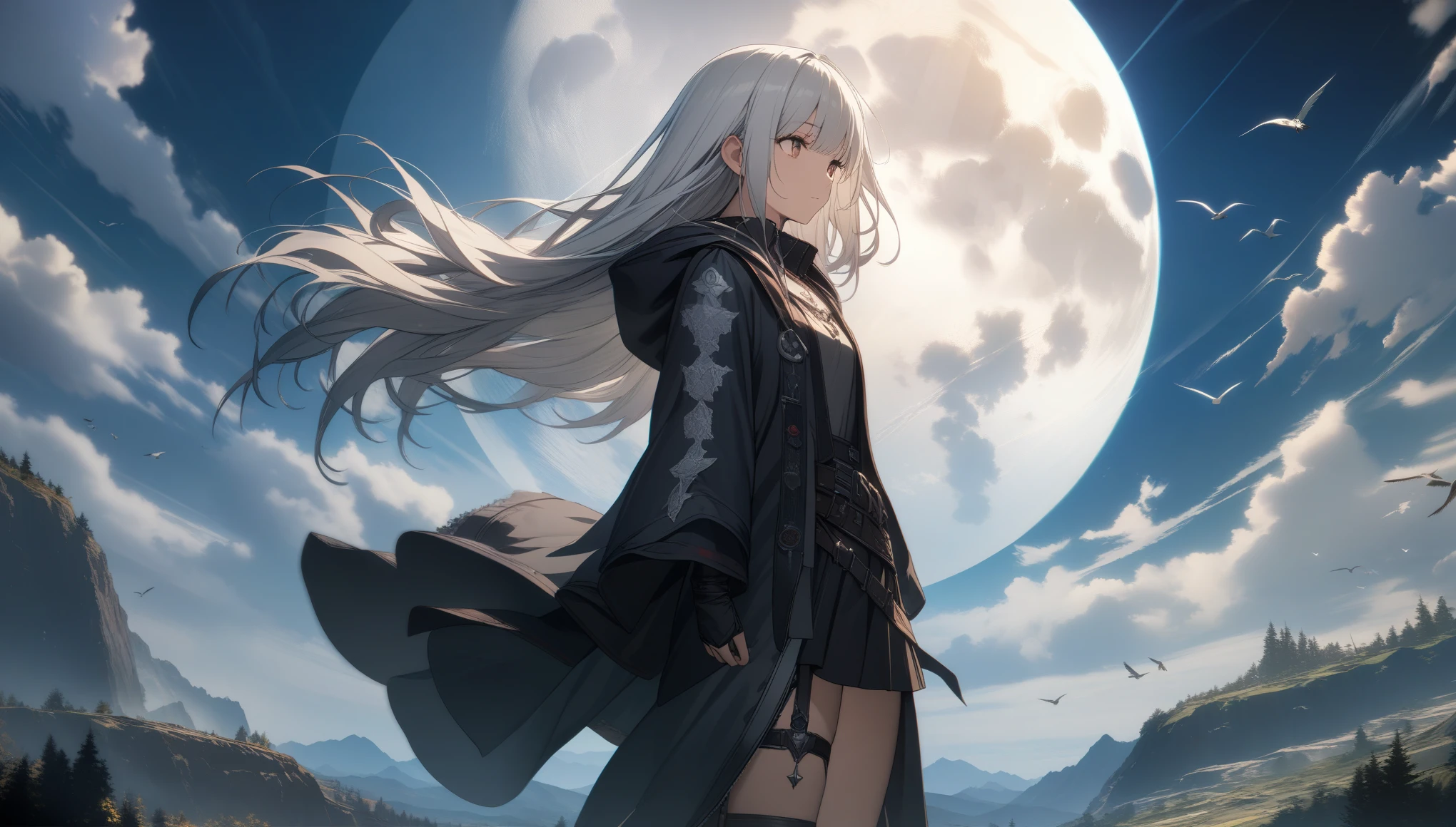 32k, best quality, ultra high res, HDR, UHD, extremely detailed CG, unity 32k wallpaper, highest quality, very detailed, masterpiece, Super detailed, cloud, witch_have, have, 1 girl, null, green_null,Day, length_hair, cloudy_null, moon,bird, alone, Silver_hair, witch, outdoor,  