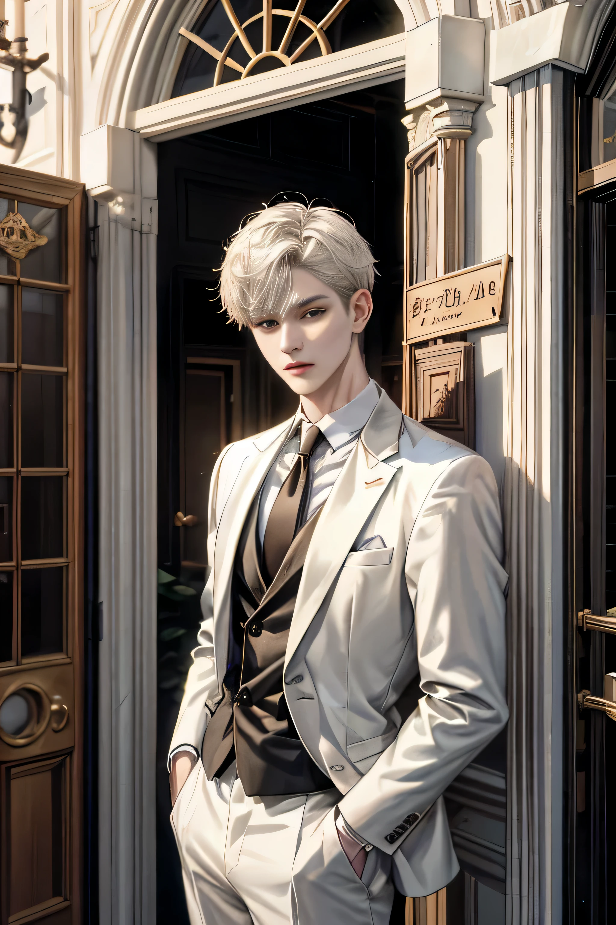 masutepiece, Best Quality, High quality, 1 man aged 21, Solo, Male Focus, Looking at Viewer, Upper body, white fluffy short hair,At the entrance of the building, wear a suit