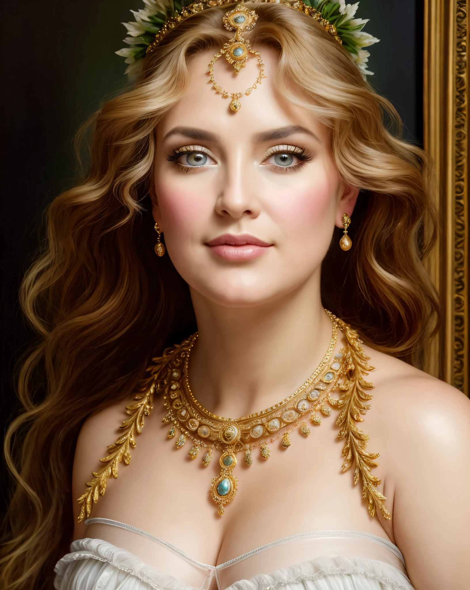 Original Character, ethereal beauty, aesthetic, Masterpiece, 45 years old Woman, thick figure, Full figured lady, middle aged beautiful woman, Best quality, high clarity eyes, critically flawless,sharp picture, styled hair, long hair, fluffy hair, Full portrait, High pixels, perfect face, perfect eyes, beautiful face, perfect hands,perfect fingers, in Peter Paul Rubens style, by Peter Paul Rubens, baroque style, acrylic on canvas, highly detailed, description: "Create a nymph inspired by the tales of Greek or Roman mythology, embodying the essence of a natural element or location, and possessing a unique ability or trait that sets her apart.", complex details, intricate, pierced eyes, 