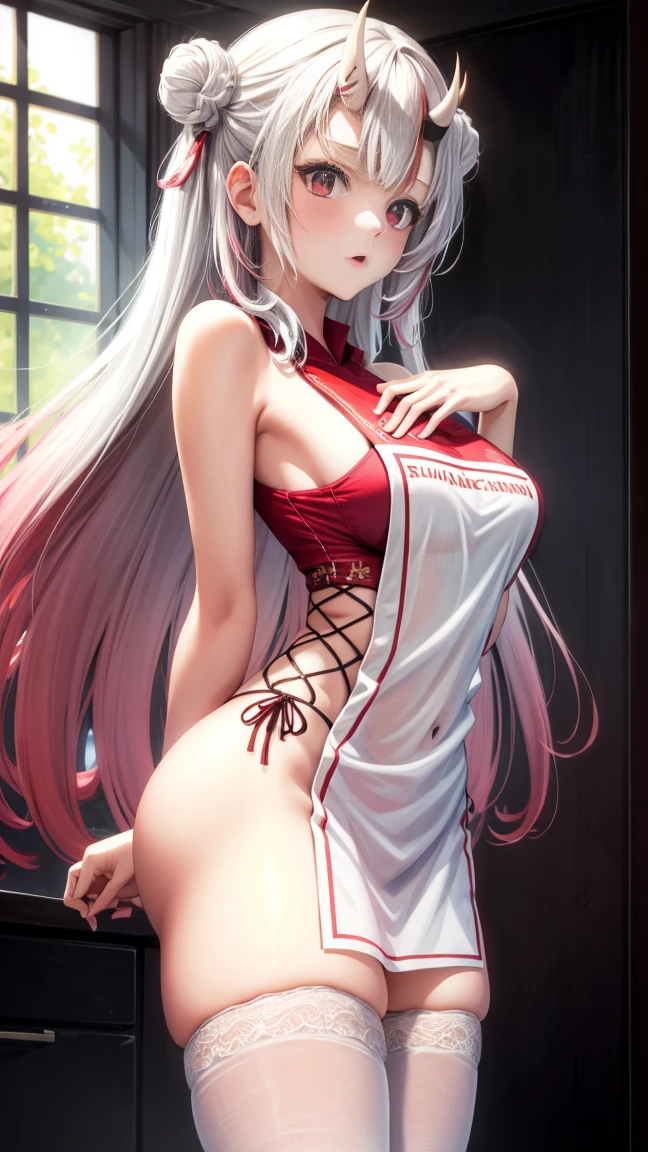 (masterpiece:1.3),(highly detailed:1.3),(highres:1.1),best quality,Ultra-detail,1girl,solo,kitchen,jelofolkwang,naked apron,((white apron)),ass,sideboob, unclear clothes , white pantie, ((perfect body)), salon,((take off pantie)), legwear ,hand pantie, ((perfect breast)), perfect face,slightly curved body,pink eyes