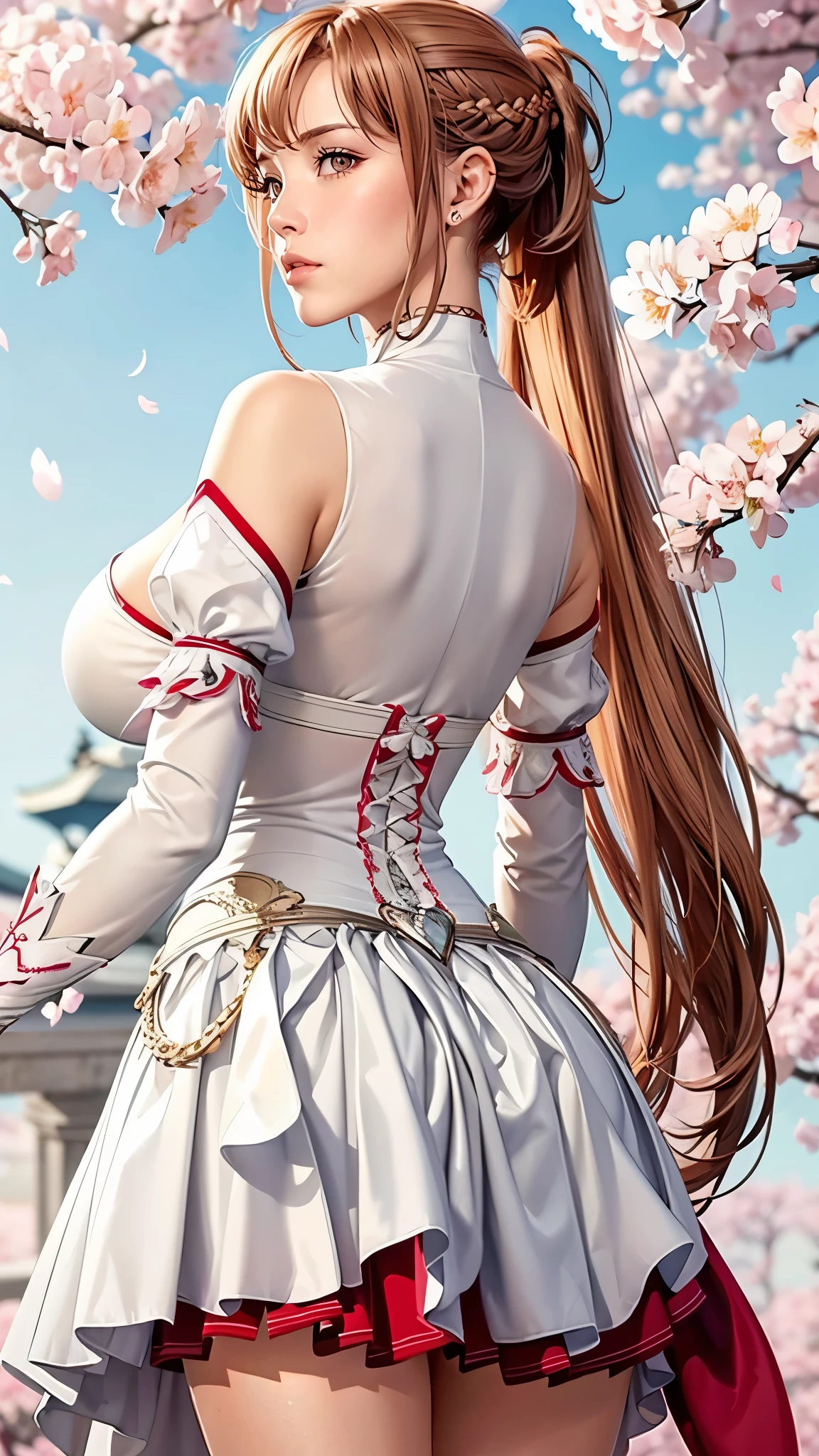 （（（完美figure，figure，bare shoulders, armor, breastplate, white sleeves, detached sleeves, red skirt, pleated skirt,white thighhighs, （（（aaasuna, long hair, brown hair, braid, brown eyes, ）））((masterpiece)),high resolution, ((Best quality at best))，masterpiece，quality，Best quality，（（（ Exquisite facial features，looking at the audience,There is light in the eyes，(Blushing and shyness)，））），型figure:1.7））），（（（Interlacing of light and shadow，huge boobs））），（（（looking into camera，Cherry Blossom Background，flowers，pink background，Cherry Blossoms，look back，from behind)）））