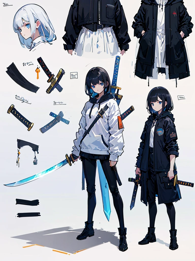 (masterpiece:1.2, highest quality),(Colored Background) (Beautiful detailed eyes: 1.2), (Highly detailed CG Unity 8K wallpaper, masterpiece, highest quality, Super detailed, best shadow), (detailed background) ,arms(have a sword),solo ,komach-v2,1girl, sketch (Character design sheet, same character, full body, Three-View, front, ~ side, return), solo,One sword