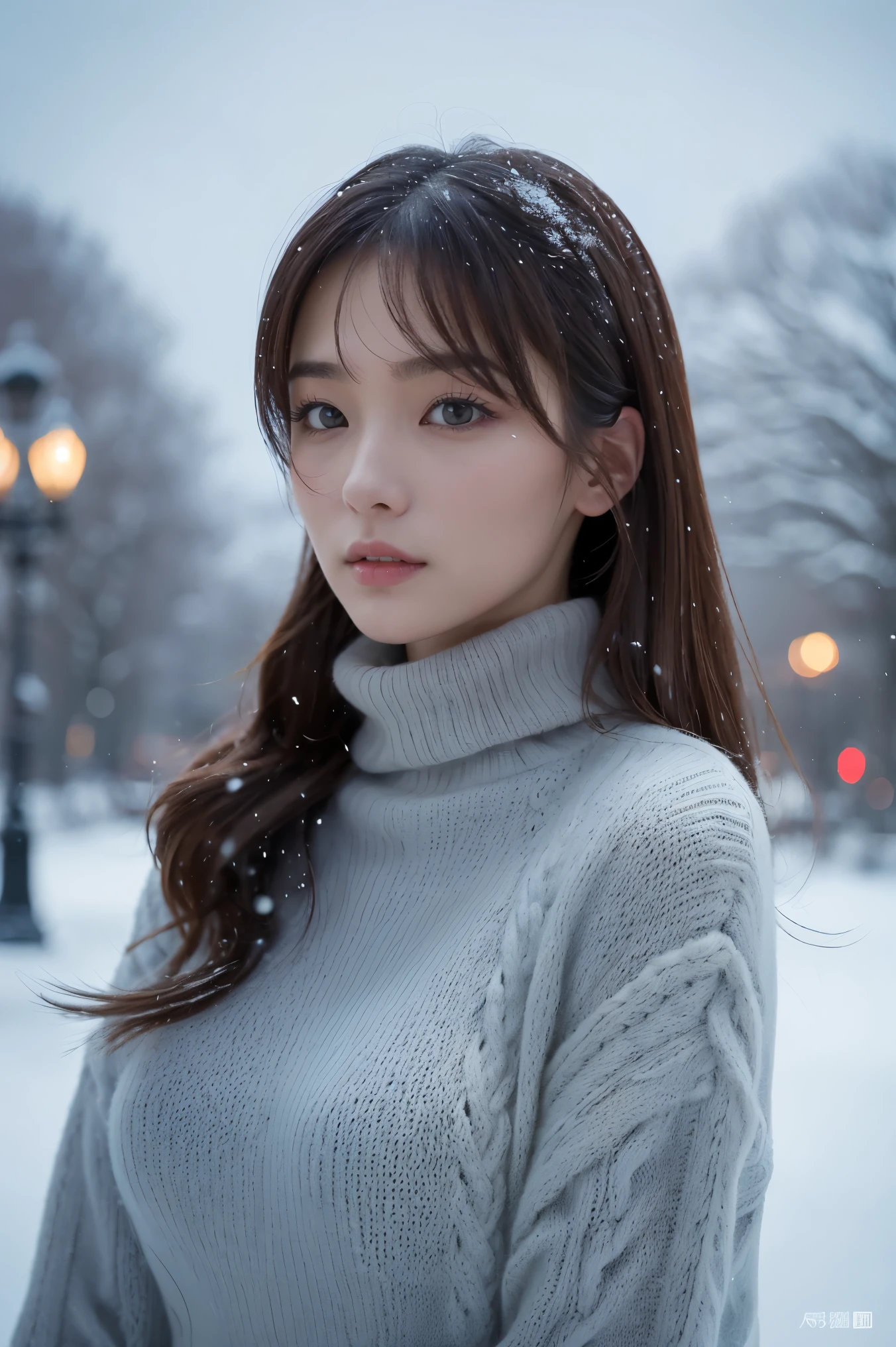 (table top、highest quality、8K、Award-winning work、ultra high resolution)、one beautiful woman、(A thick, large, elegant fur coat and a turtleneck knit:1.3)、perfect fit、brown hair、epic movie lighting、(Romantic affection:1.1)、(The most romantic and moody atmosphere:1.1)、winter、snow scene、It's snowing、(Walking in the snow in Northern Europe:1.1)、look at me、(very big breasts:1.2)、(Accentuate your body lines:1.1)、blurred background、accurate anatomy、Ultra HD Hair、ultra high resolutionの完璧な美しい歯、Ultra-high definition beauty face、Ultra HD Hair、ultra high resolutionの輝く瞳、輝くultra high resolutionの美肌、ultra high resolutionの艶やかな唇、(close up of face:1.1)