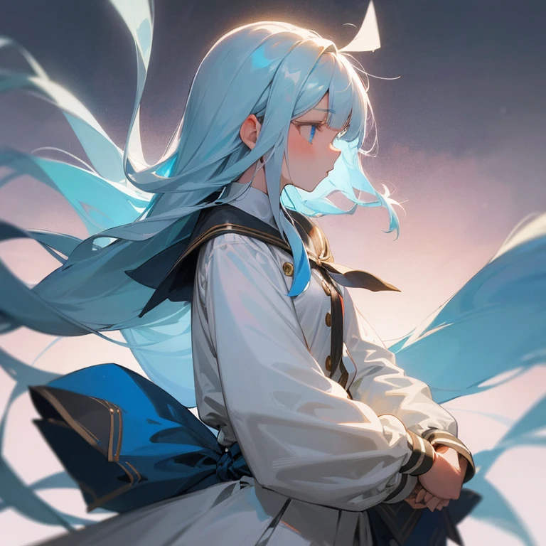 masterpiece, highest quality, 1 girl, Silver-blue hair,blue eyes,straight long hair,Hair down,high school girl,cute,ephemeral,small face,high school girl制服,The background is school,Madonna,Healing,Hair does not tie,inorganic eyes,No expression,profile,