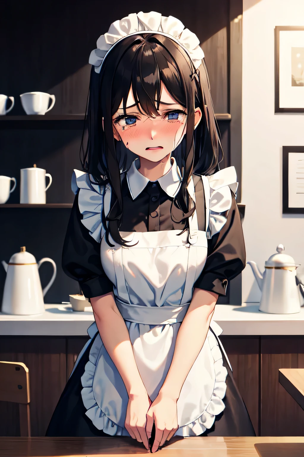 sit on urinal, whole body is wet, 1 girl, toilet, cleaning urinals, kneeling, dirty, pee, garbage,, masterpiece, best quality, very detailed, maid clothes, brown hair, freckles on face, white liquid all over body, yogurt all over body