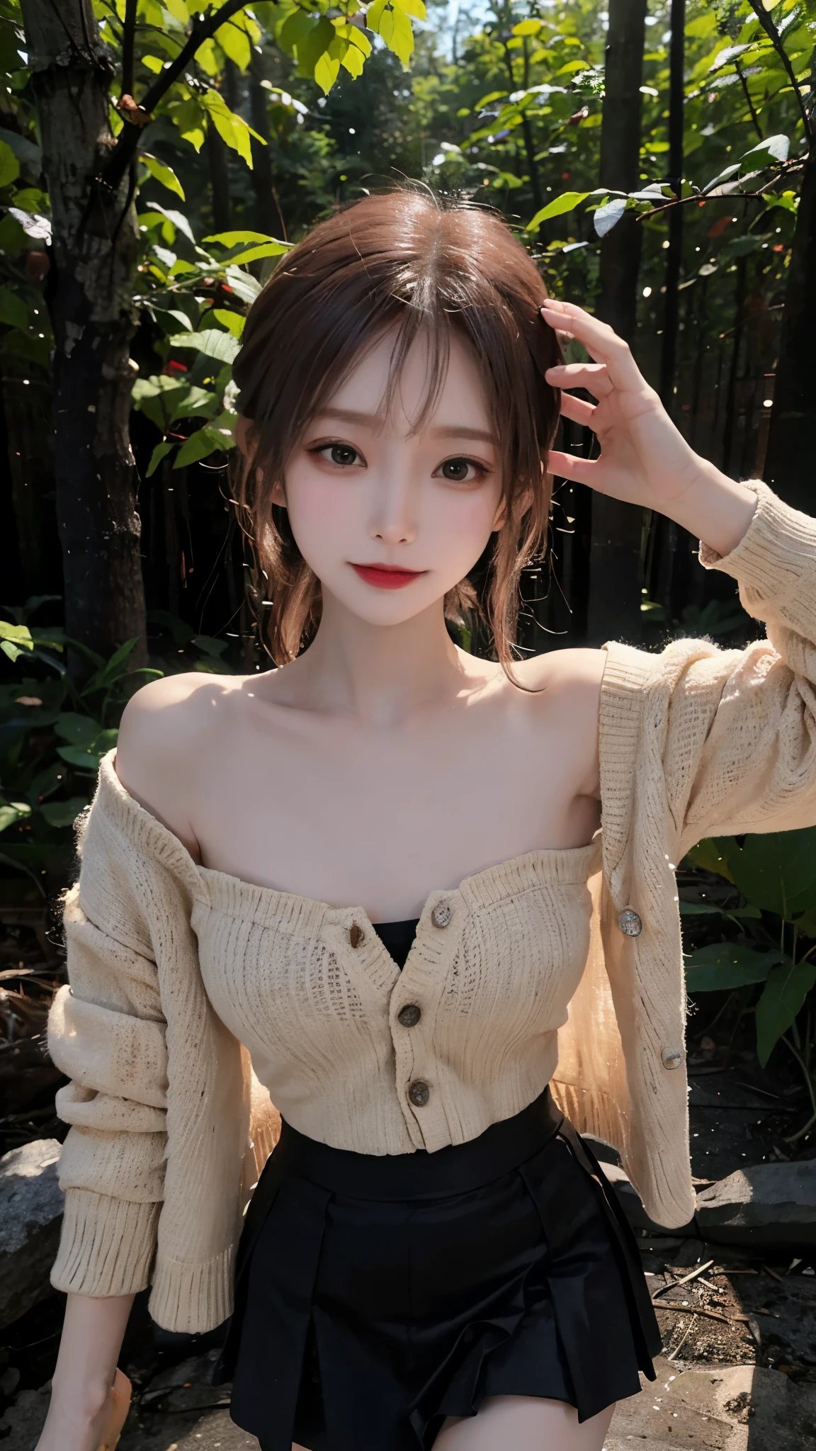 masterpiece,real photos,looking into camera,night time,HDR backlight,Contour light,Shallow depth of field,reddish brown long straight hair,Elegant Chinese beauty,Smile,dancing in the forest, Wearing a strapless cardigan dress,The breeze blew her face,The skirt is flying and rhythmic