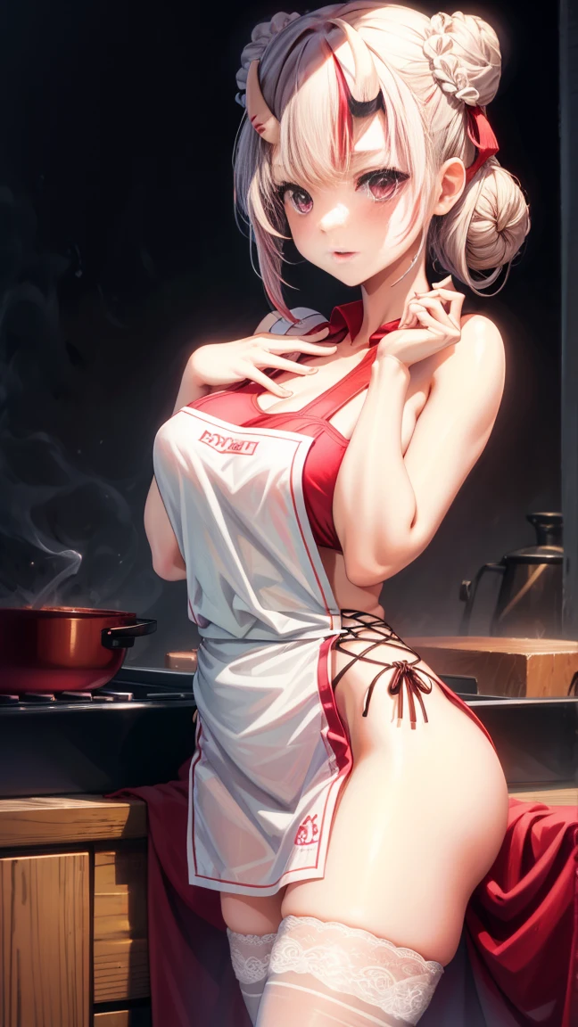 (masterpiece:1.3),(highly detailed:1.3),(highres:1.1),best quality,Ultra-detail,1girl,solo,kitchen,jelofolkwang,naked apron,((white apron)),ass,sideboob, unclear clothes , white pantie, ((perfect body)), salon,((take off pantie)), legwear ,hand pantie, ((perfect breast)), perfect face,slightly curved body,pink eyes