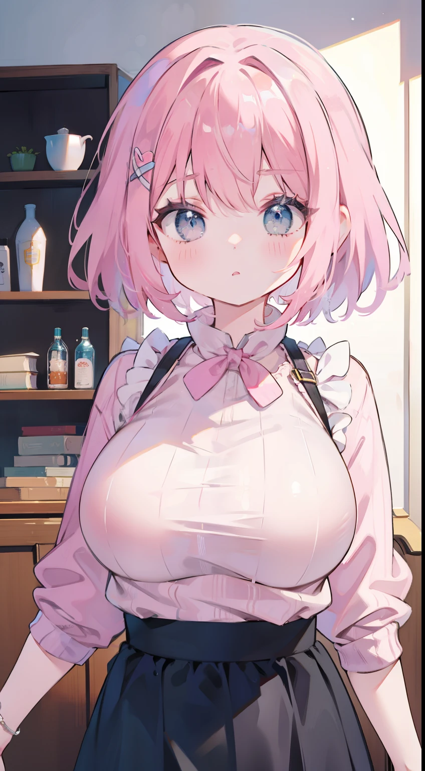 a girl,Pink hair close to the camera,Big breasts