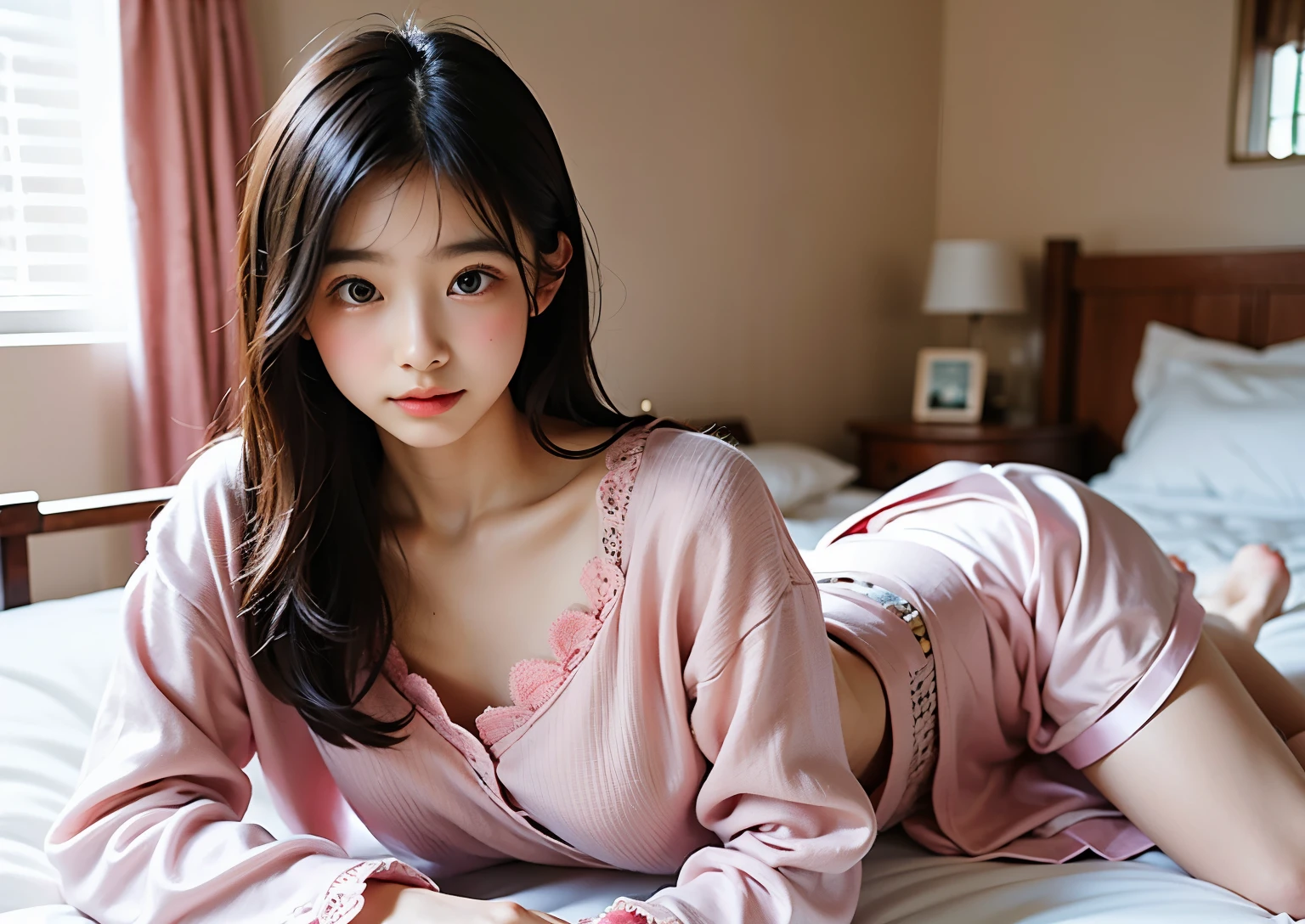 a girl，Wearing a pink silk suspender pajamas skirt，In the room of a modern cozy home in warm tones，The room is warm in color。